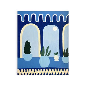 Obra de arte grega | pintura azul | pequena obra de arte presente | Pintura mediterrânica | pintura acrílica moderna | arte azul e branca