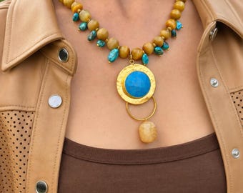 Bold Gemstone Necklace with Big Turquoise Citrine Pendant, Handmade Special Jewelry For Women