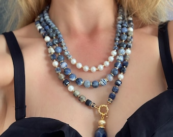 Pearl Sodalite Necklace: Handmade Multi strand Gemstone Jewelry, Unique Christmas Anniversary Gift, Jewelry Gift