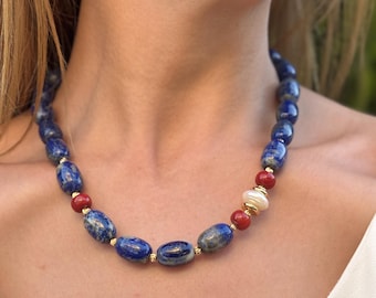 Collar de lapislázuli: gargantilla de piedras preciosas naturales, joyería hecha a mano para mujer, regalo de cumpleaños azul intenso.