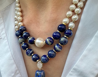 Lapis Lazuli Pearl Necklace: Handmade Statement Jewelry, Gold Plated Gemstone Choker, Unique Christmas Gift for Her
