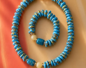 African Glass Bead Necklace and Bracelet, Natural Stone Necklace, Summer Jewelry Set for Women