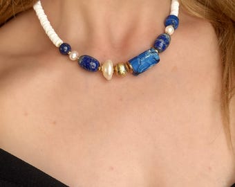 Natural Lapis Lazuli Necklace, Beaded Statement Choker, Layering Bohemian Gemstone Jewelry, Minimalist Gift