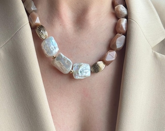 Statement Gemstone Necklace with Sun Stone and Natural Pearls, Chunky Summer Jewelry for Women, Handmade Birthday Gift