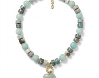 Aventurine Necklace with Heart Charm, Handmade Chunky Statement Choker for Women, Green Gemstone Summer Jewelry