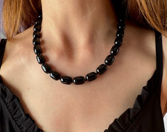 Chunky Black Stone Choker Necklace, Natural Black Onyx Jewelry, Simple Choker,Unique Birthday Gift for Her, Everyday Jewelry