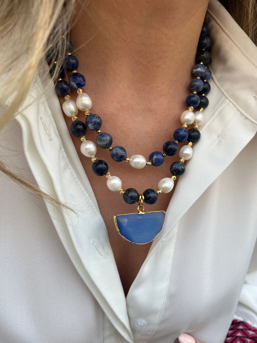Sodalite Necklace, Pearl Jewelry With Gemstones, Beaded Blue Necklace ...