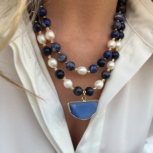 Sodalite Necklace, Pearl Jewelry with Gemstones, Beaded Blue Necklace for Women, Modern Statement Necklace, Birthday Gift for Mom