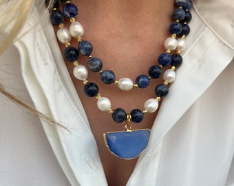 Sodalite Necklace with Natural Pearls, Handmade Wedding Jewelry for Women, Blue Gemstone Gift