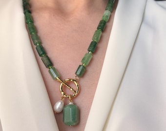 Gemstone Statement Necklace with Green Aventurine Beads, Chunky Summer Pearl Jewelry, Bold Birthday Gift for Her