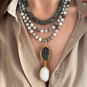 Handmade Labradorite & Opal Beaded Necklace: Gemstone Statement Jewelry