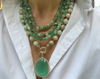 Amazonite Necklace, Green Gemstone Jewelry, Multistrand  Birthday Gift, Statement Jewelry for Women, Chunky Aventurine Necklace