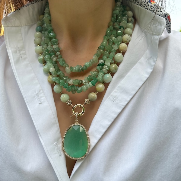 Amazonite Necklace, Green Gemstone Jewelry, Multistrand  Birthday Gift, Statement Jewelry for Women, Chunky Aventurine Necklace