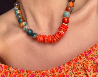Collar llamativo de ágata con corales naranjas gruesos, gargantilla artesanal para cumpleaños o regalo del Día de la Madre.