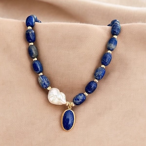 Lapis Lazuli & Baroque Pearl Necklace: Gold Plated Statement Choker