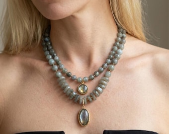 Regalo para el Día de la Madre con piedras preciosas de labradorita, joyería artesanal llamativa para regalos de cumpleaños, collar con colgante grueso.