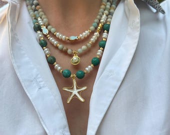 Collar de perlas con múltiples hilos de piedras preciosas, collar de amazonita natural, regalo de Navidad para ella, regalo de cumpleaños para una amiga.