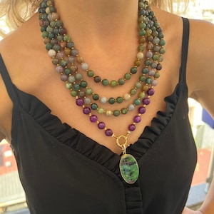 Agate Necklace, Big Bold Green and Purple Gemstone Statement Jewelry, Handmade Unique Wife Mom Birthday Gift