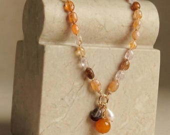 Bold Agate Necklace with Gemstone Charms, Handmade Pearl Choker for Her, Mothers Day Gift Jewelry