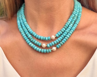 Natural Turquoise Beaded Necklace, Unique Statement Jewelry, Real 8 mm Bead Gemstone Choker, Minimalist Boho Necklace