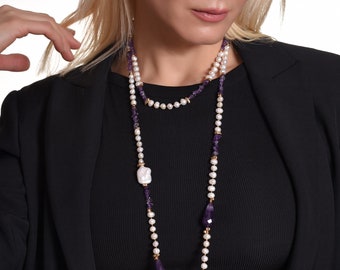 Collar de amatista y perlas, collar largo de amatista para mujer, joyería de cristal, collar largo de cuentas hecho a mano, regalo de cumpleaños, regalos