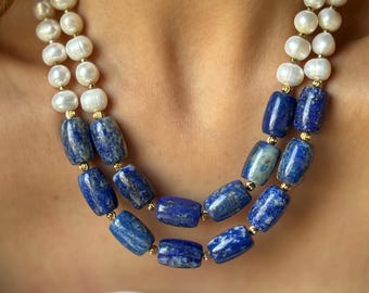 Lapis Lazuli Necklace, Natural Pearl Necklace, Beaded Handmade Jewelry with Lapis Lazuli Stones, Necklaces for Women, Birthday Gifts