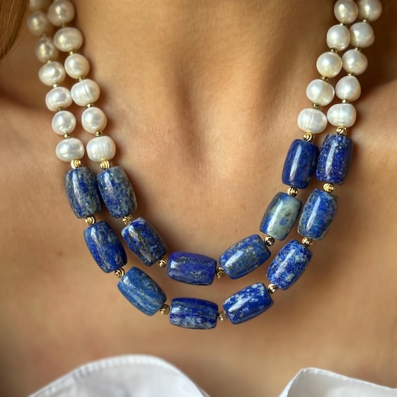 Lapis Lazuli Necklace Natural Pearl Necklace Beaded Handmade Jewelry With Lapis Lazuli Stones Necklaces for Women Birthday Gifts Etsy
