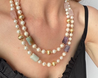 Collar de perlas naturales: joyería larga hecha a mano con piedras preciosas, regalo de Navidad único, regalo especial para la abuela.