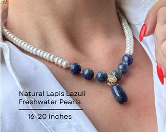 Collar de lapislázuli natural, gargantilla de perlas de agua dulce, regalo de cumpleaños con piedras preciosas hecho a mano