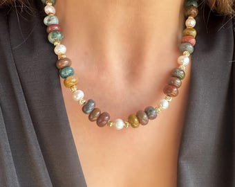 Agate Necklace: Handmade Real Pearl Choker, Natural Gemstone Jewelry