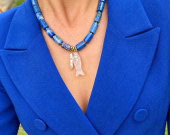 Lapis Lazuli Necklace with Pearl and Quartz, Chunky Fish Charm Gemstone Jewelry, Handmade Gift for Women