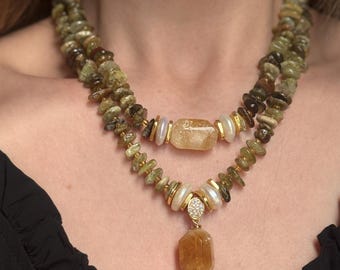 Collar de granate verde, joyería gruesa de piedra cruda en capas, gargantilla de citrino hecha a mano, regalo para mujer