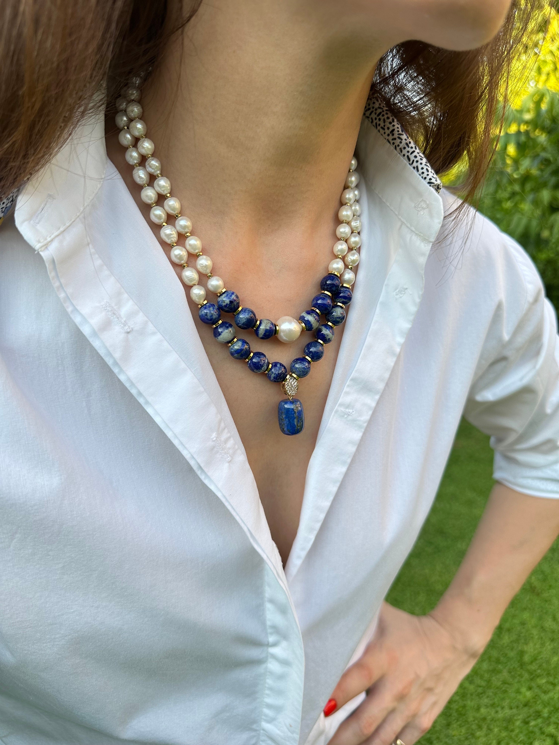 Collana Con Pendente Ovale In Lapislazzuli Naturale Blu - Pietra Preziosa Egiziana Su Catenina Ball 18 Pollici