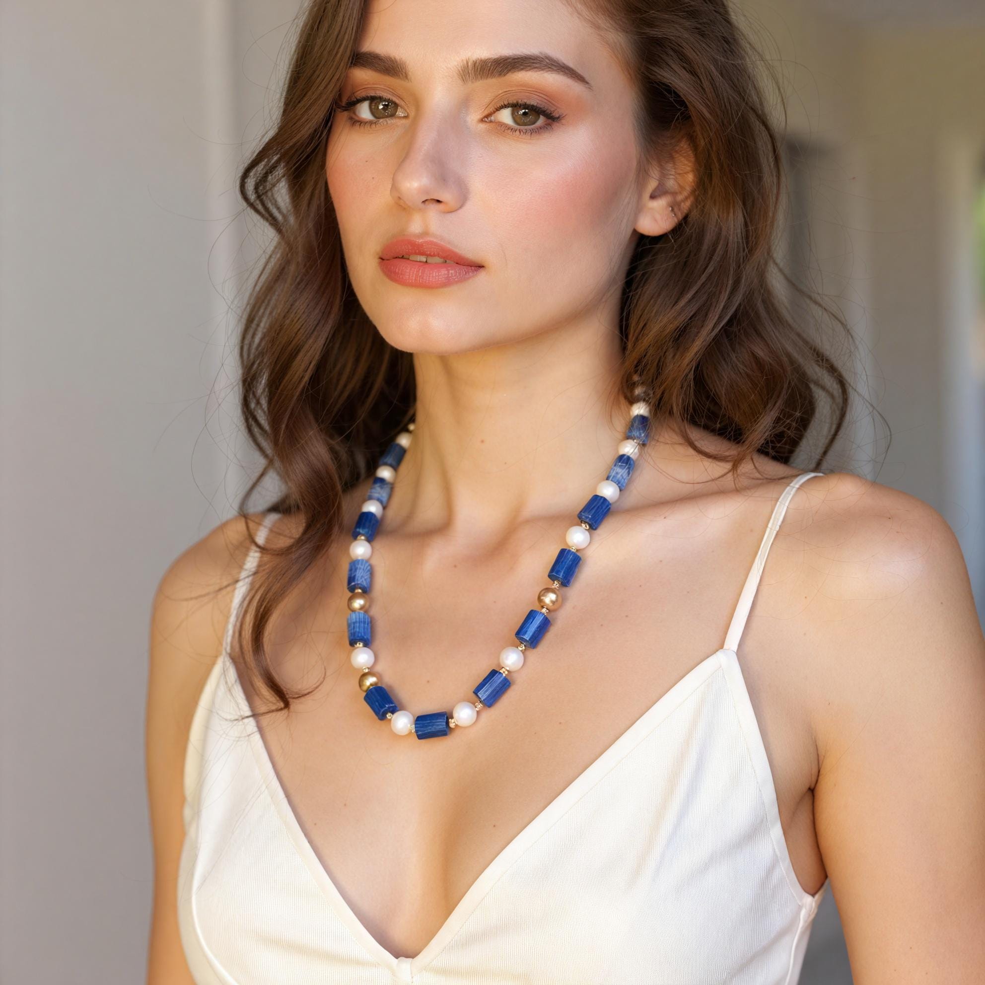 Lapis Lazuli Necklace, Pearl Jewelry, Handmade Birthday Gift for Women, Gemstone Necklace for Her