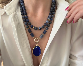 bib necklace online Sodalite Necklace, Big Bold Chunky Statement Necklace for Gifts, Handmade Blue Sodalite Jewelry, Sagittarius Necklace, Gemstone Jewelry