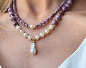 Collar de lepidolita con dije de perla barroca, joyería de boda de perlas elegante hecha a mano, gargantilla de piedra natural.