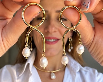 Gold Plated Brass Earrings with Freshwater Pearls,  Handmade Brass Drop Earrings