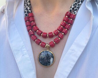 Collar de coral rojo con ágata tibetana, joyería artesanal de piedras preciosas para regalos de cumpleaños.