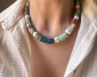 Gemstone Pearl Summer Jewelry for Women, Handmade Statement Choker, Ghana Glass Bead Necklace for Gift