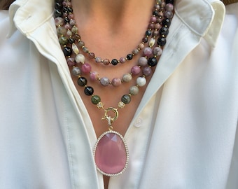 Collana di tormalina, collana multifilo, regalo fatto a mano per le donne, gioielli autunnali, collana di pietre preziose