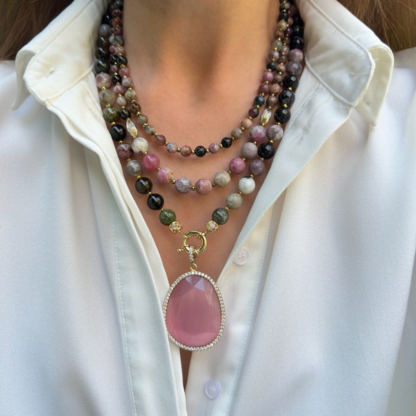 Tourmaline Necklace, Multistrand Statement Necklace, Handmade Gift for Women, Autumn Jewelry, Gemstone Necklace