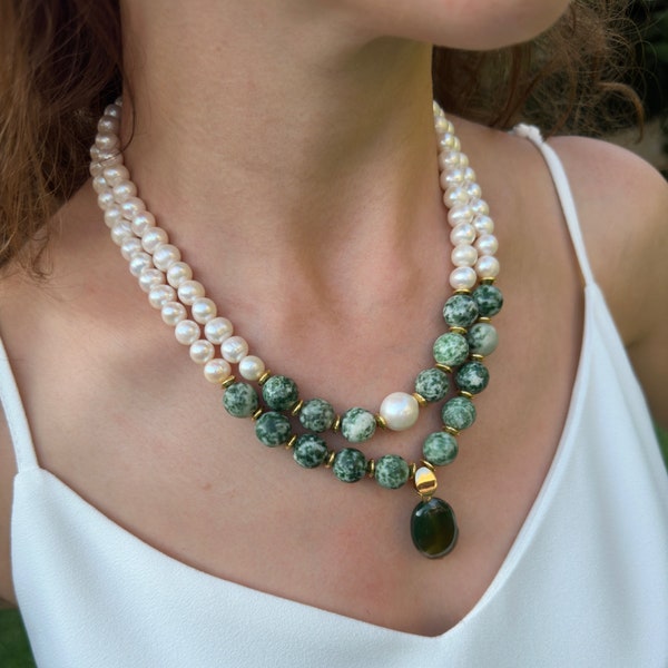 Pearl and Moss Agate Necklace, Unique Gemstone Jewelry, Statement Necklace, Unique Handmade Pearl Necklace, Gift
