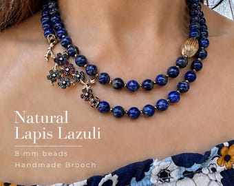 Collar de lapislázuli con broche de flor, regalo natural de cumpleaños para ella.