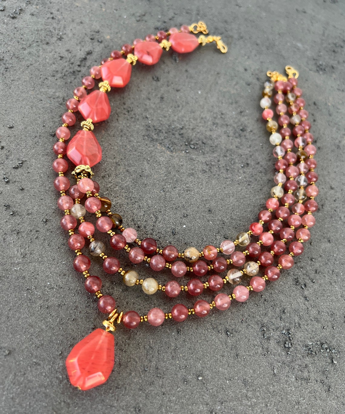Strawberry Quartz Necklace Multistrand Pink Gemstone Jewelry Etsy