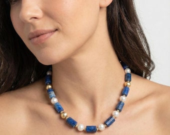Lapis Lazuli Choker: Handmade Layered Gemstone Necklace, Natural Pearl Statement Jewelry, 18 inches Jewelry