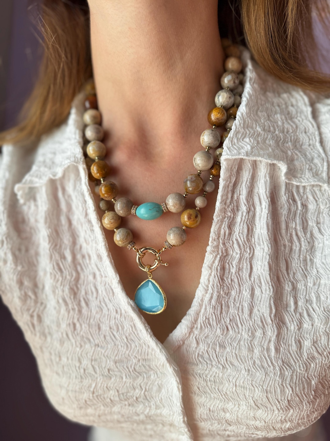 Turquoise Jasper Statement Necklace: Handmade Layered Gemstone