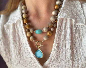 Turquoise Jasper Statement Necklace: Handmade Layered Gemstone Gift Jewelry