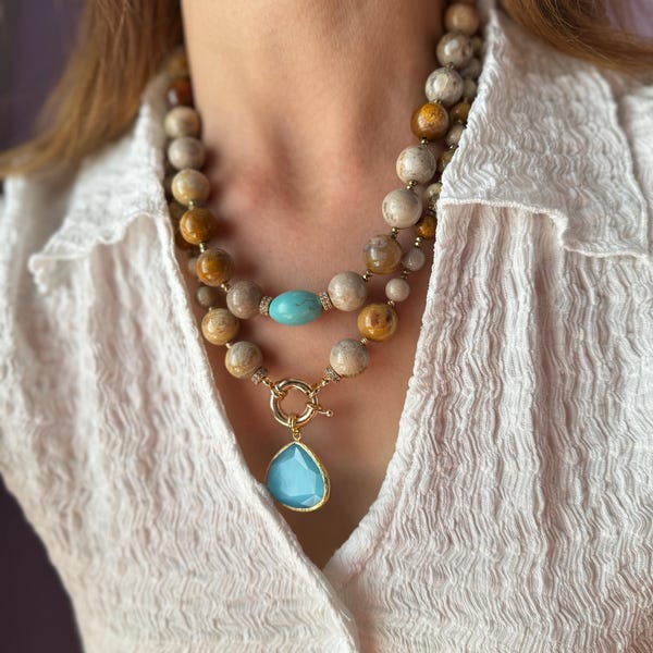 Turquoise Jasper Statement Necklace: Handmade Layered Gemstone Gift Jewelry