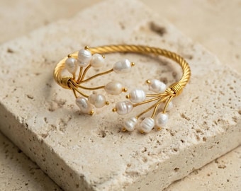 Wire Wrapped Pearl Bracelet, Handmade Gold Plated Brass Jewelry, Natural Pearl Adjustable Bracelet, Gold  Pearl Cuff, Statement Jewelry Gift
