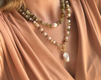 Chunky Green Garnet Necklace with Baroque Pearls, Statement Charm Summer Jewelry for Her, Beaded Gemstone Birthday Gift